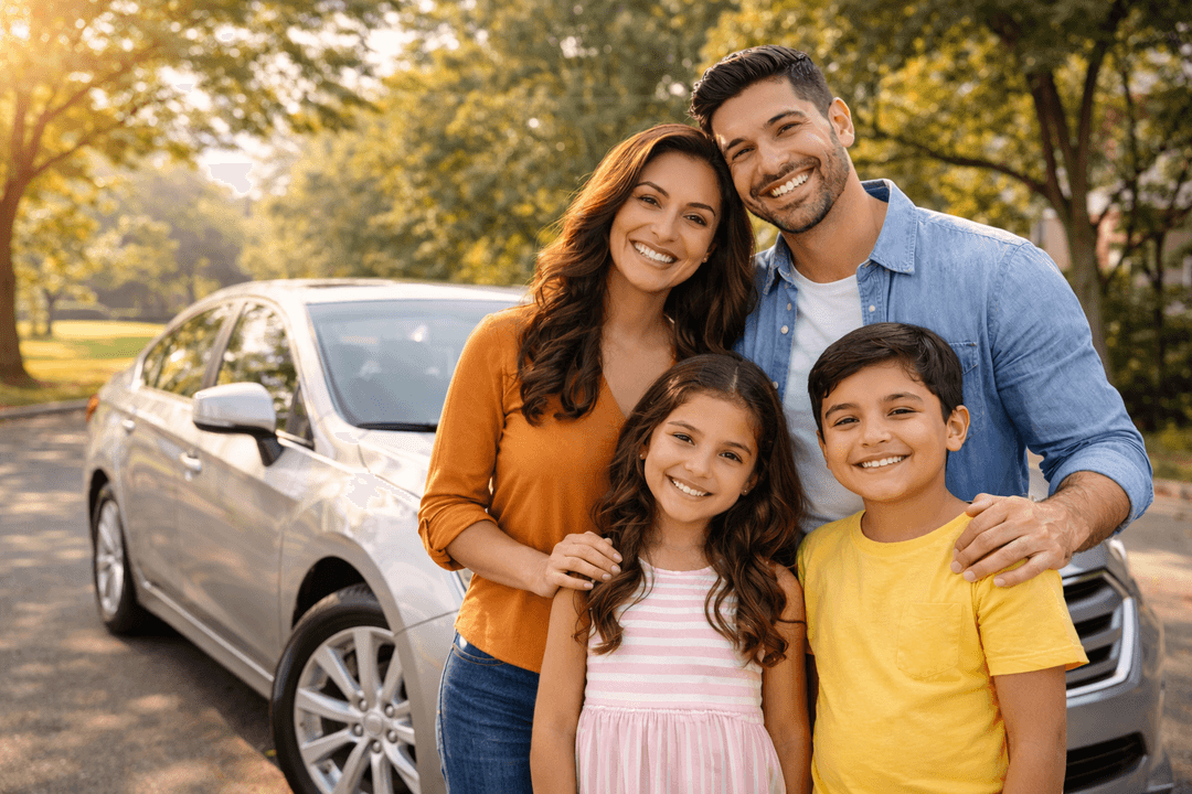 Family standing next to their car