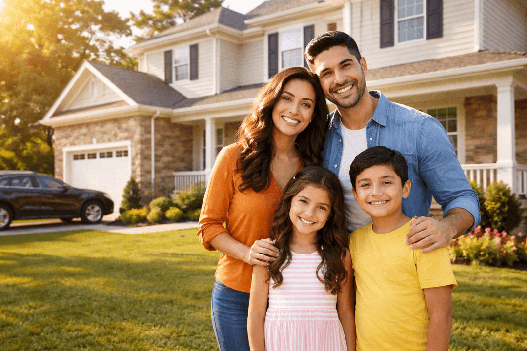 Happy family in front of their home